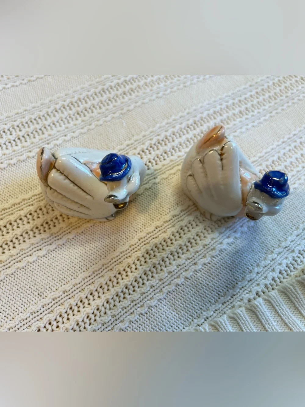 Vintage Ceramic Goose Figurines Set of 2 Coquette Cottagecore Blue Bow Hats